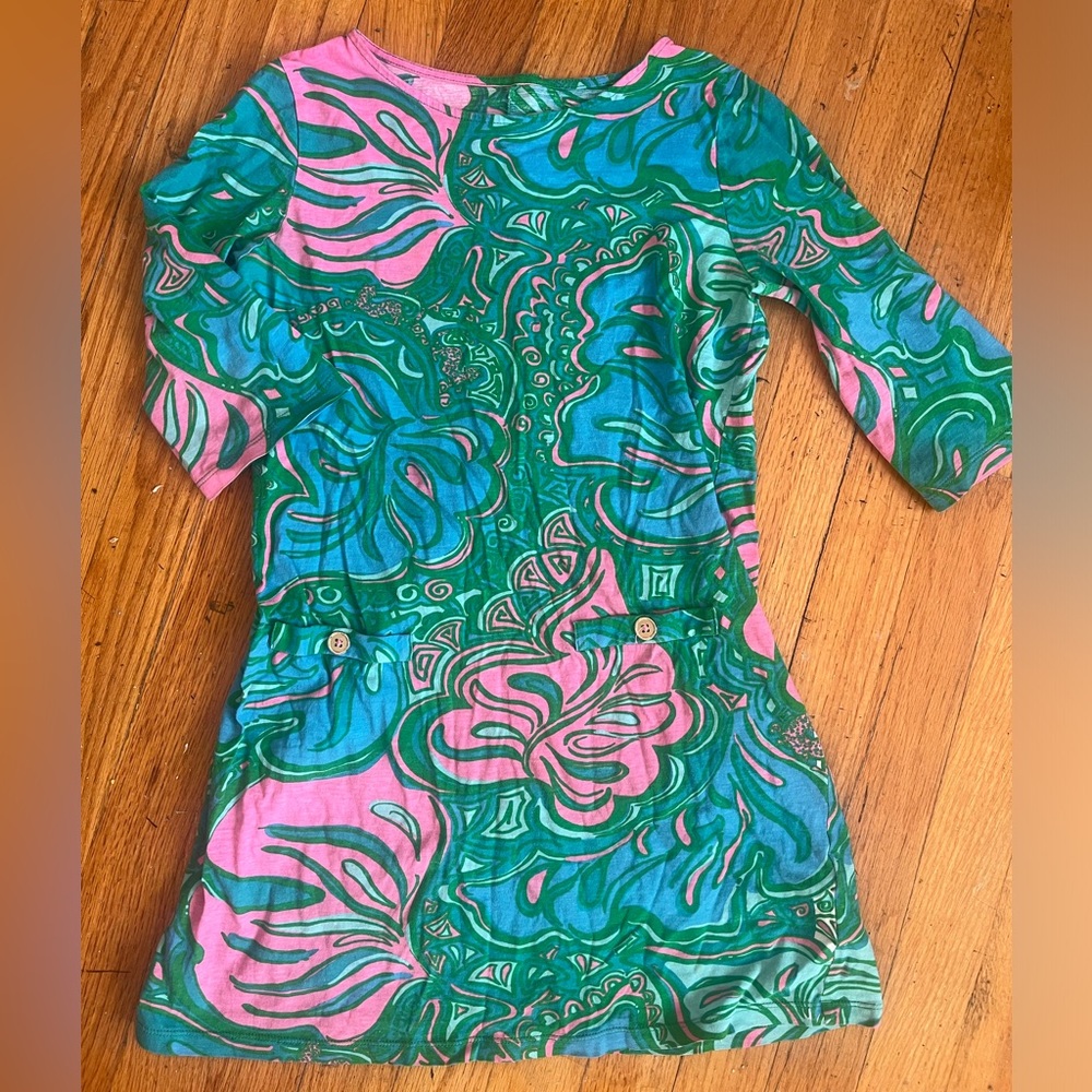 Lilly Pulitzer Size XL 12-14 Blue Green Pink Floral Tunic Dress 3/4 Sleeve